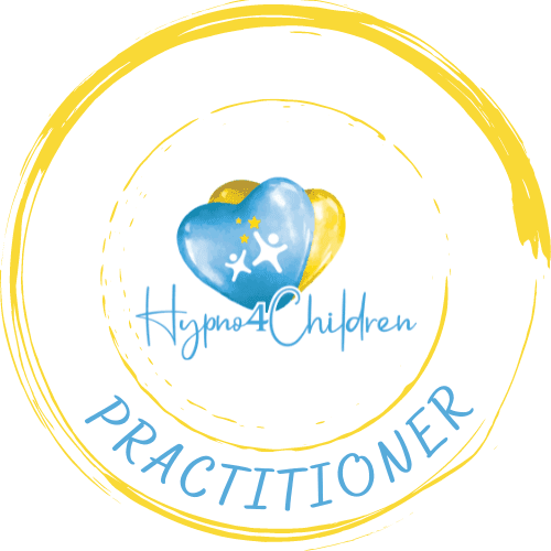 Hypno4Children Practitioner logo with blue and yellow hearts and playful figures.