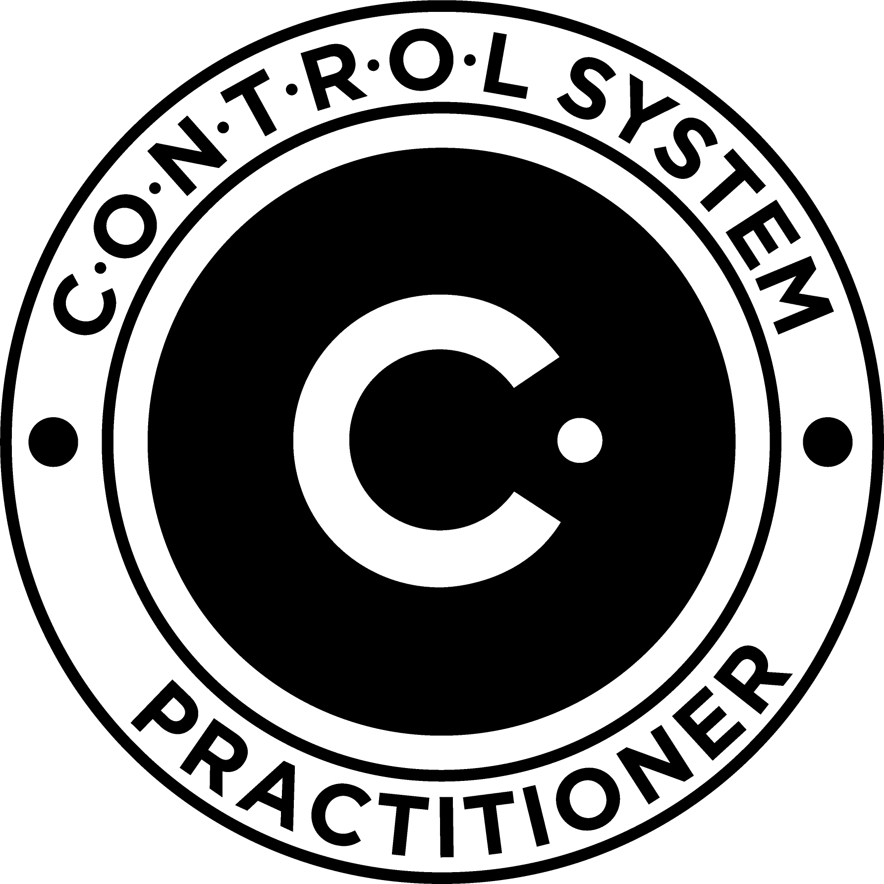 White circular symbol with a dot on the upper right side, set against a black background.